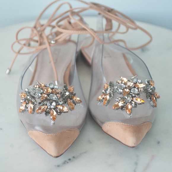 Schutz Clear Vinyl Pointed Toe Rhinestone Ankle Wrap Flats - Picture 4 of 11